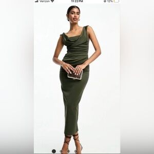 ASOS DESIGN square neck pleated bust midi pencil dress in deep green